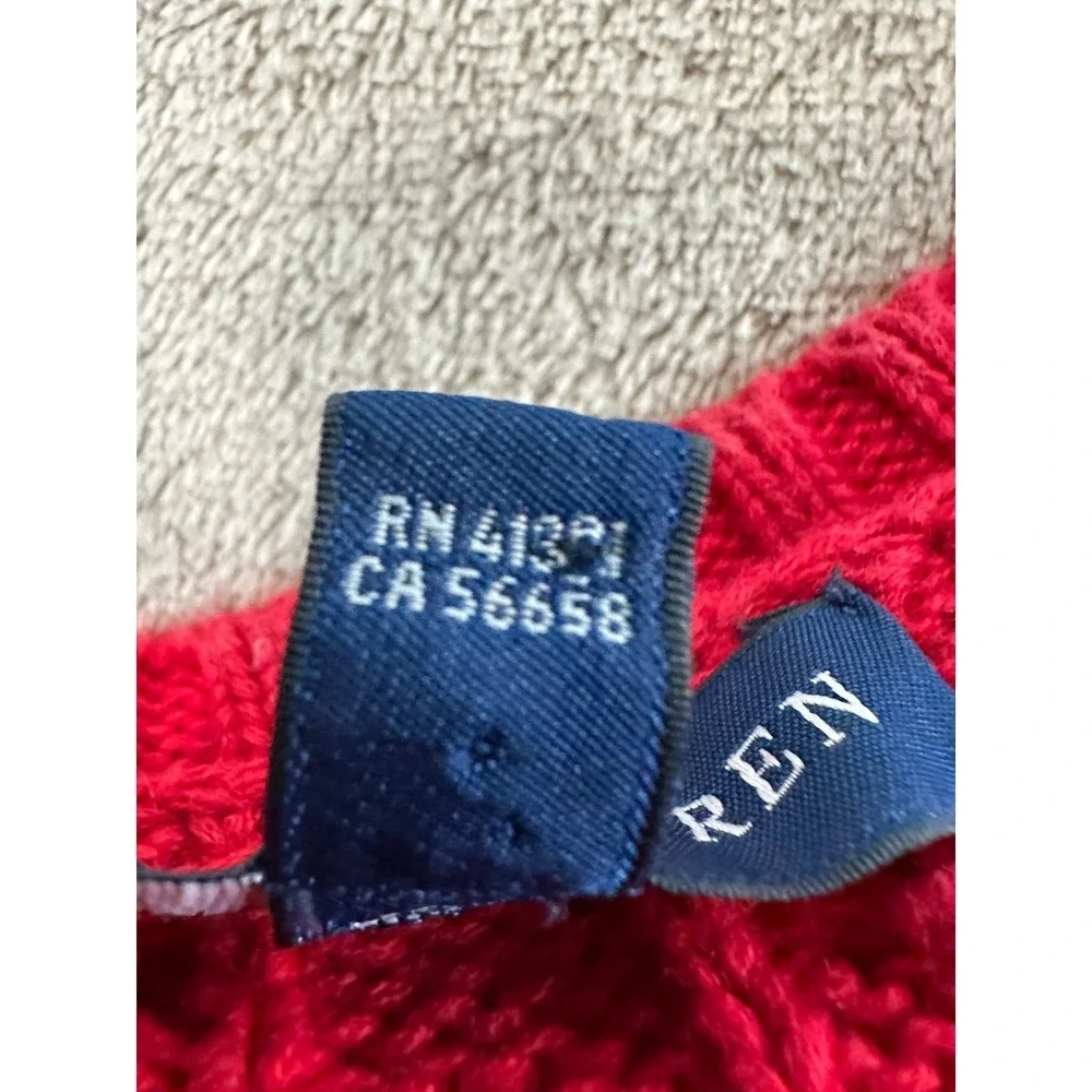 Vintage Ralph Lauren Sweater Mens M Red Cable‎ Knit V-Neck Navy Pony Logo EUC